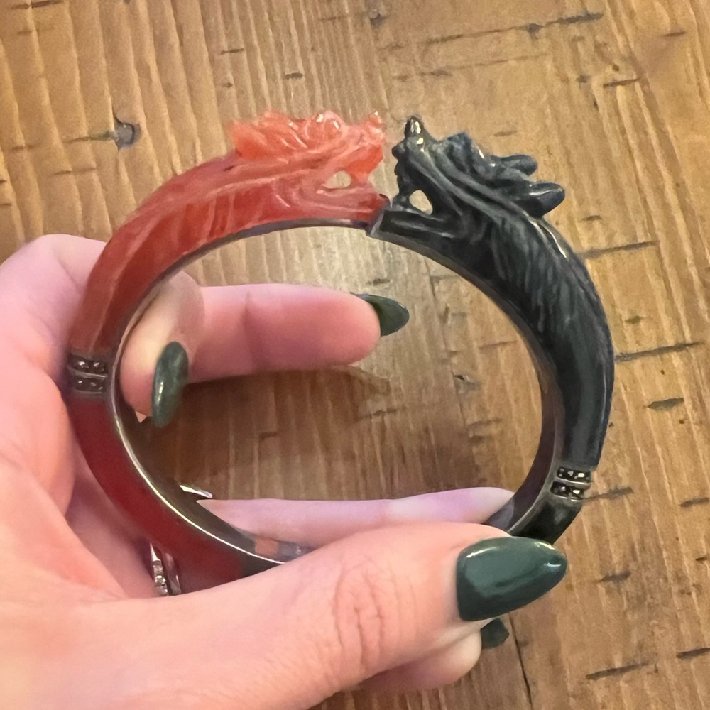 Black & Red Carved Jade Nephrite Dragon Sterling Silver Bangle